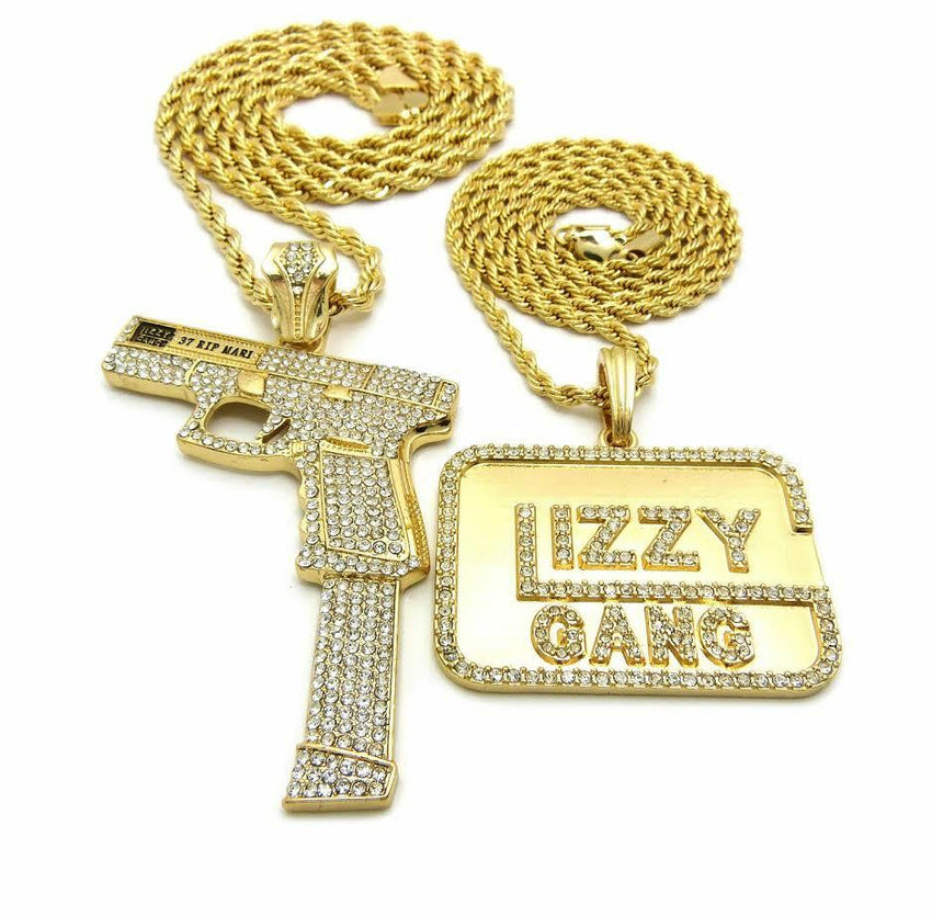 Hip Hop Iced Out 37 Rip Mary & Glizzy Gang Pendant 24",30" Chain 2 Necklace Set