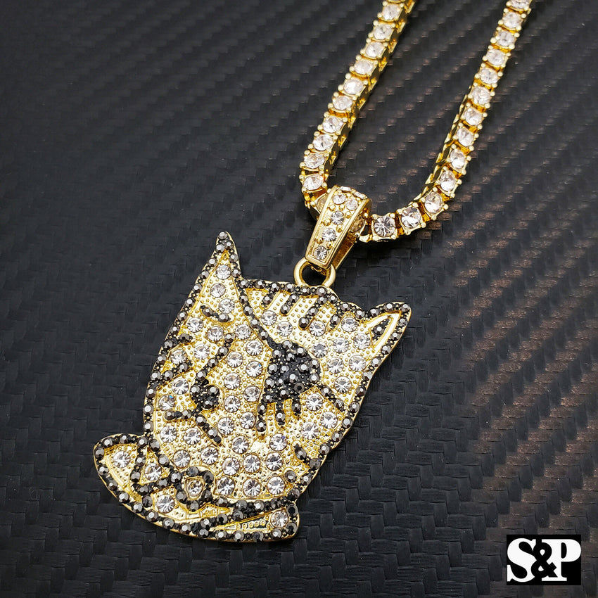 Hip Hop Uzi Vert Pendant w/ 18" Full Iced Cuban & 1 ROW DIAMOND Choker Chain Necklace Set