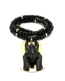 Hip Hop Egyptian Black Anubis & Dog Tag Pendant & 6mm 30" Wooden Bead Necklace
