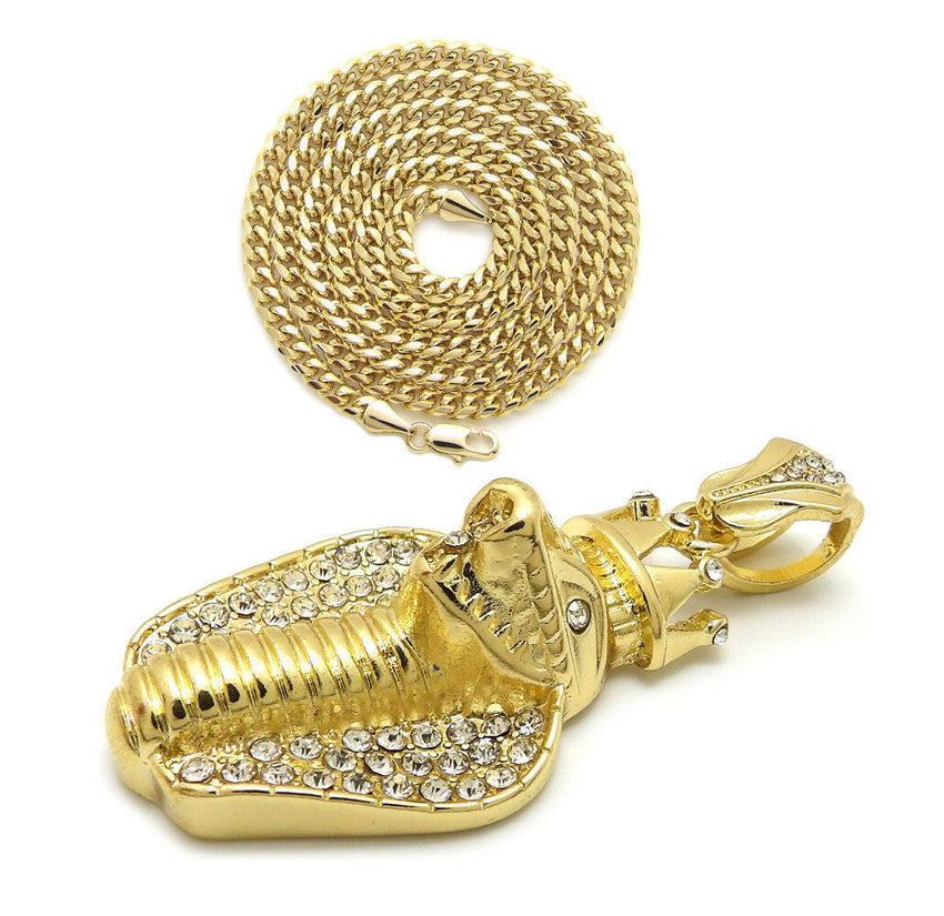 Iced Out King Crowned Cobra Pendant & 24" Box, Cuban, Rope Chain Hip Hop Necklace