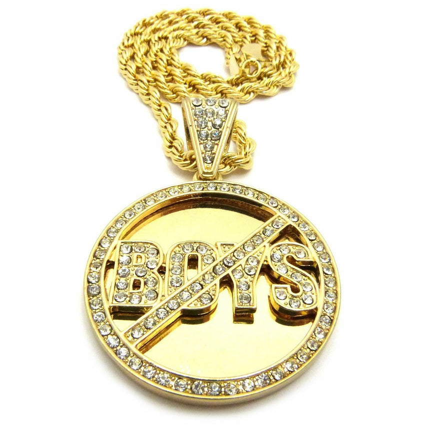 ICED OUT 'NO BOYS ALLOWED' PENDANT & 5mm 20" ROPE CHAIN HIP HOP NECKLACE