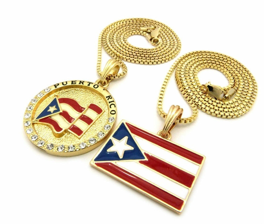 New Hip Hop Flag Puerto Rico Flag Pendant w/ 2mm 24",30" Box Chain Necklace Set