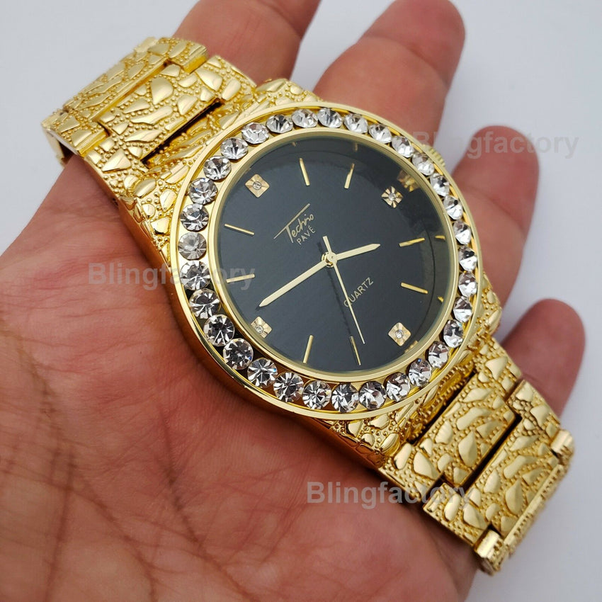 ICED OUT HIP HOP GOLD PT URBAN STYLE GOLDEN NUGGET WATCH & NECKLACE COMBO SET