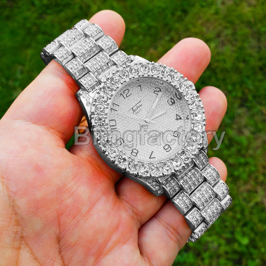 Men's Hip Hop Iced out White Gold PT Rapper Bling BIG Simulated Diamond Watch