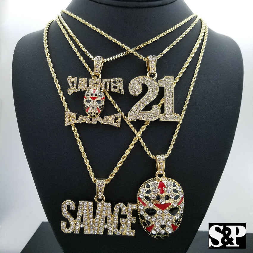 ICED OUT BLING 21 & SLAUGHTER GANG & SAVAGE PENDANT HIP HOP 4 NECKLACE COMBO SET
