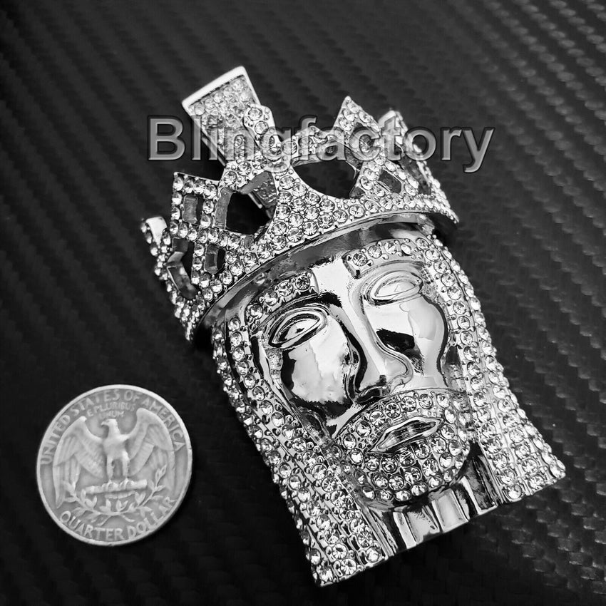 HIP HOP ICED SILVER PLATED BLING LAB DIAMOND LARGE KING JESUS HEAD PENDANT