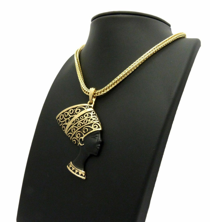 NEW CELEBRITY EGYPTIAN NEFERTITI PENDANT & 4mm 18" FRANCO CHAIN HIP HOP NECKLACE