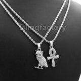 Hip Hop Iced out Mini Owl & Ankh Cross Pendant & 3mm 24" Rope Chain Necklace Set