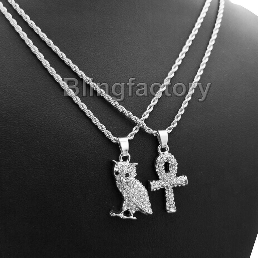Hip Hop Iced out Mini Owl & Ankh Cross Pendant & 3mm 24" Rope Chain Necklace Set