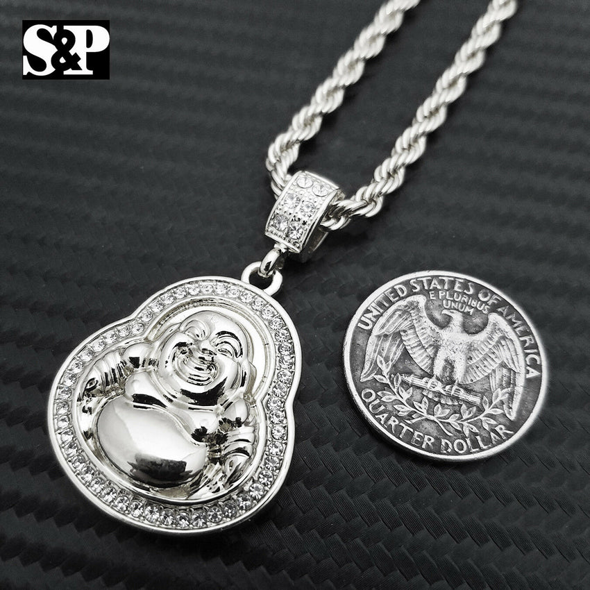 Unisex Lab Diamonds Lucky Happy Buddha Pendant & 4mm 24" Rope Chain Necklace