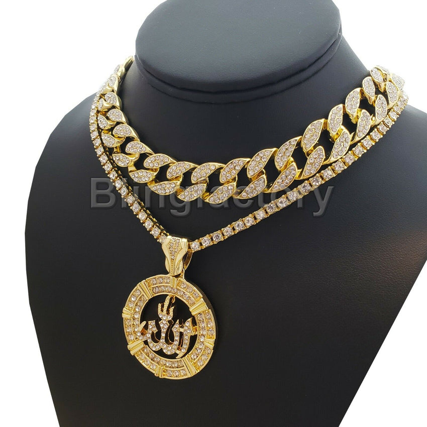 Hip Hop Muslim Allah pendant & 18" Full Iced Cuban & 1 ROW DIAMOND Choker Chain