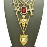 Hip Hop Iced Out Ankh, Cross, Red Ruby, Angel, Lion Head Pendant 5 Necklace Set
