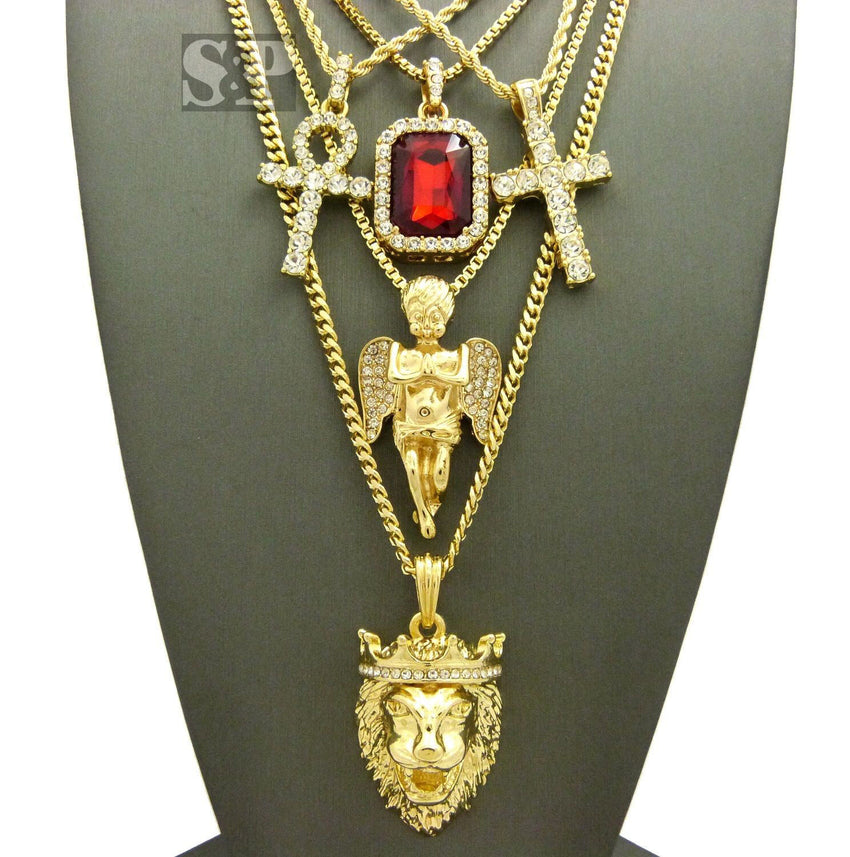 Hip Hop Iced Out Ankh, Cross, Red Ruby, Angel, Lion Head Pendant 5 Necklace Set