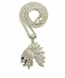 Iced Out Side Skull Cheif Face Pendant & 7mm 30" Cuban Chain Hip Hop Necklace