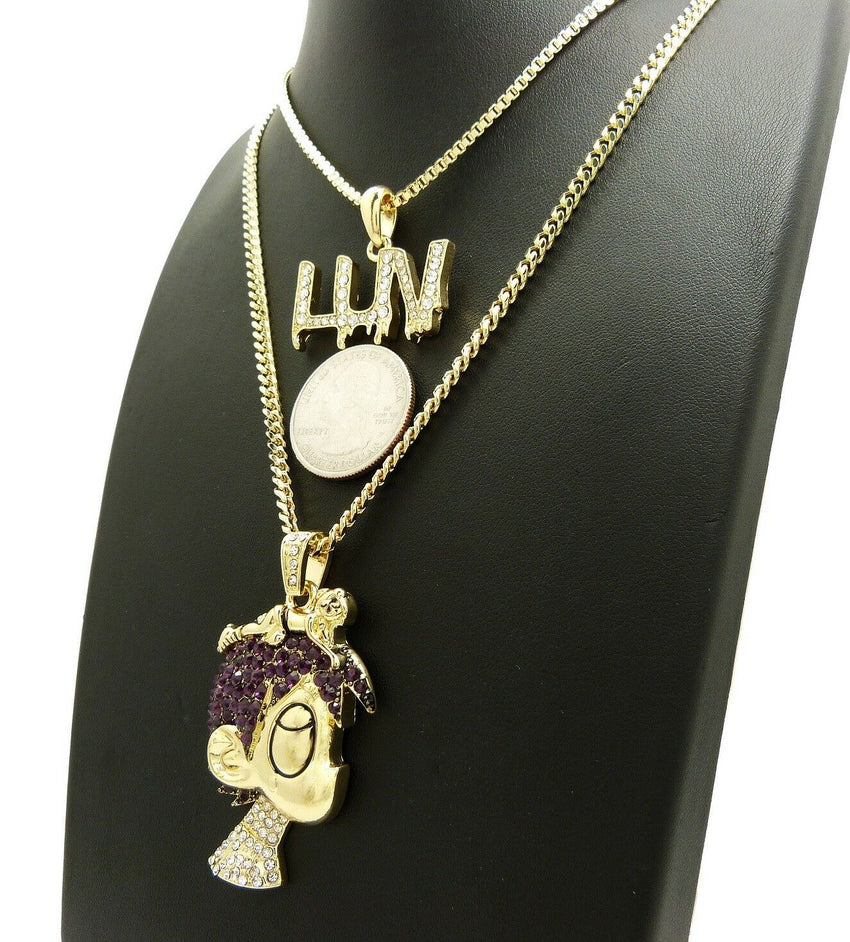 ICED OUT LIL UZI VERT PAVE CARTOON & LUV PENDANT W/ 24" 30" CHAIN NECKLACE SET