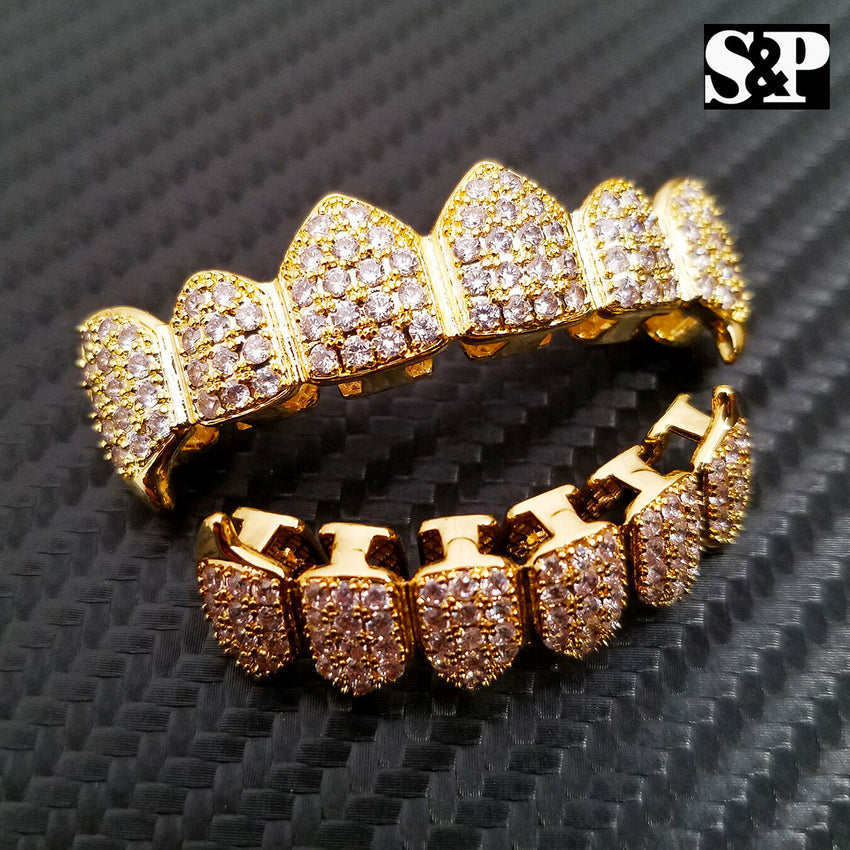 Gold Plated BRASS Hip Hop Iced Gold Tone Teeth Grillz Fang Top & Bottom Set