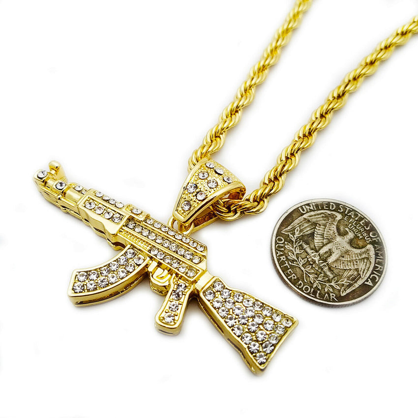 Hip Hop Iced Out Large AK47 Machine Gun Pendant & 5mm 30" Rope Chain Necklace