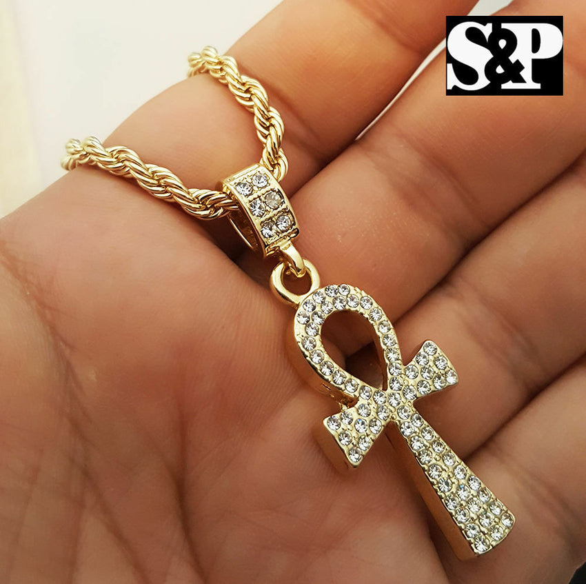 Iced Out Saw Inspired & Ankh Cross Pendant & 20" 24" Rope, Cuban Chain Necklace