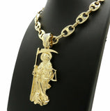 Hip Hop Iced Santa Muerte Pendant & 12mm 20" Marina Choker Chain Chain Necklace