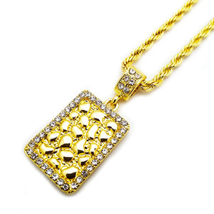 Iced Out Gold PT Golden Nugget Bar Pendant & 24