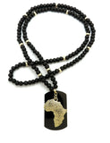 Hip Hop Iced Egyptian Africa & Dog Tag Pendant w/ 6mm 30" Wooden Bead Necklace