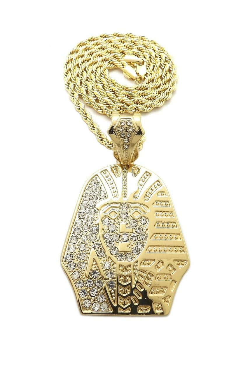 HIP HOP ICED OUT GOLD PT EGYPTIAN PHARAOH PENDANT & 4mm 24" ROPE CHAIN NECKLACE