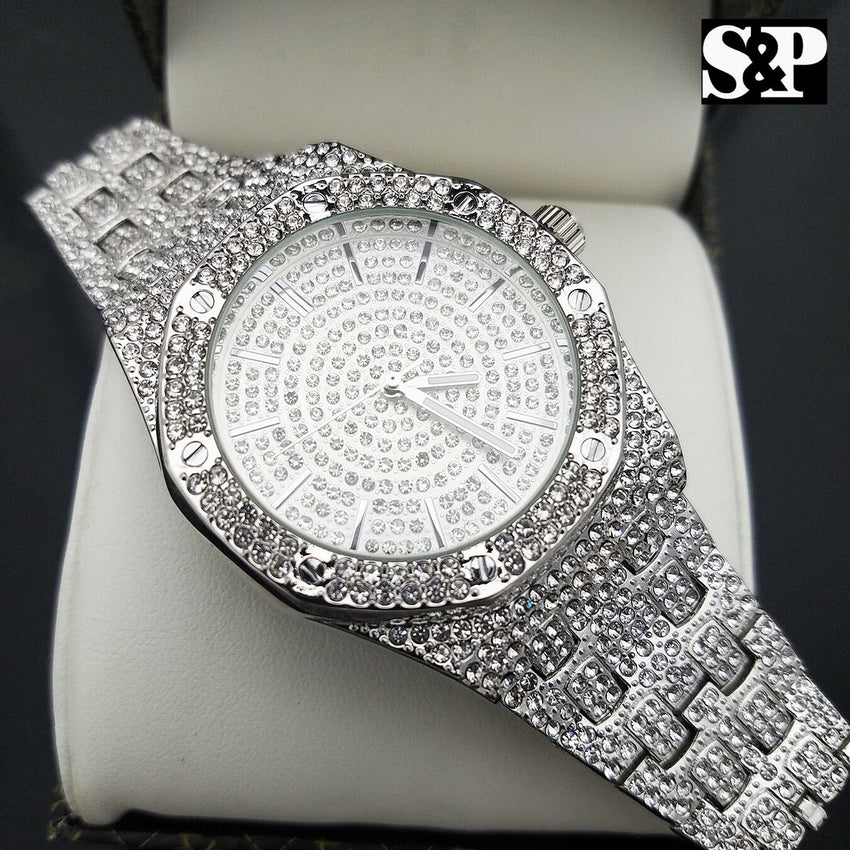 Men's White Gold plated Iced out Luxury Quavo Rapper's Metal Band Clubbing Watch