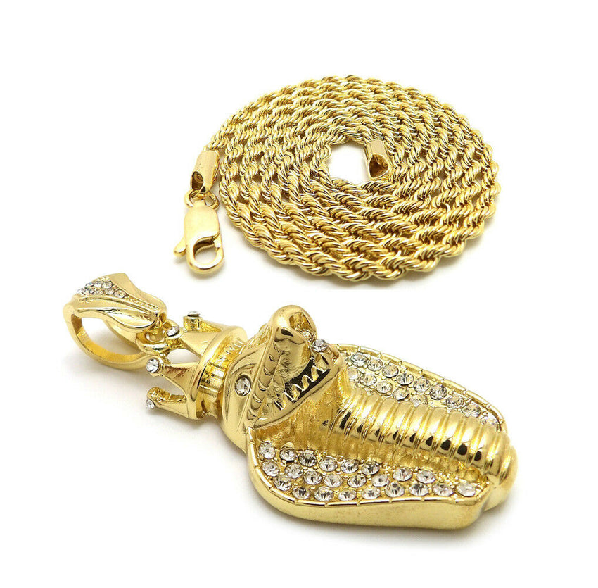 Iced Out King Crowned Cobra Pendant & 24" Box, Cuban, Rope Chain Hip Hop Necklace