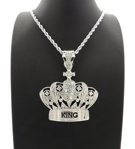 HIP HOP ICED OUT SILVER PT CROWNED KING PENDANT & 4mm 24
