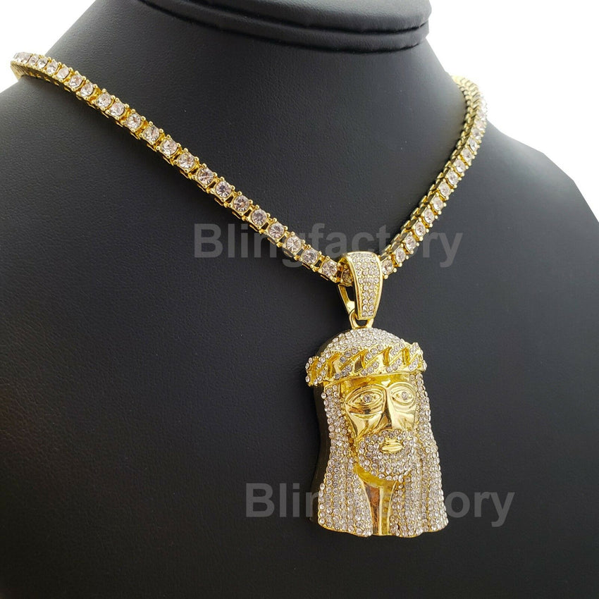 Hip Hop Jesus Face Pendant & 18" 1 Row Lab Diamond Tennis Choker Chain Necklace