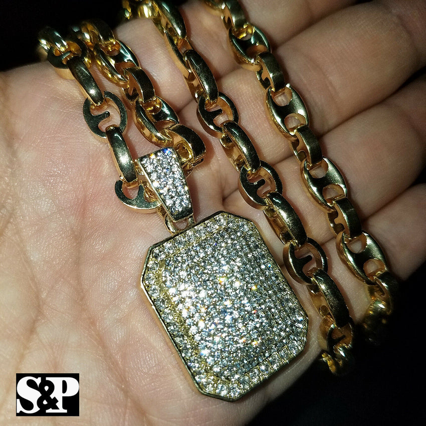 Hip Hop Iced out Gold PT Lab Diamond Square Pendant & 24" Gucci Chain Necklace