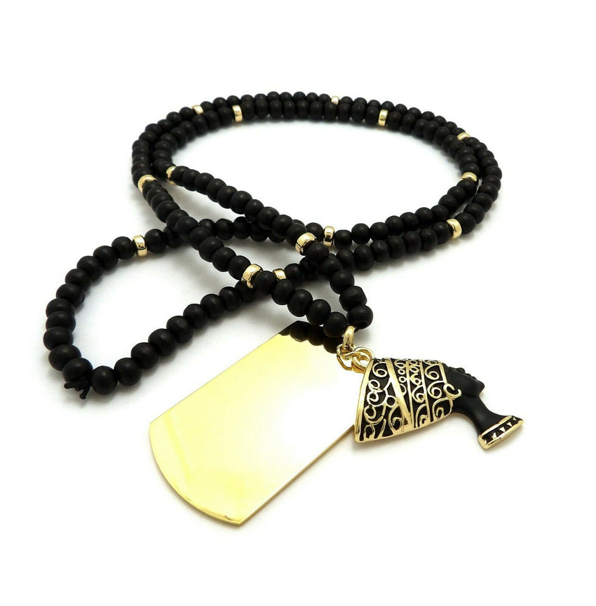 Hip Hop Egyptian Nefertiti & Dog Tag Pendant w/ 6mm 30" Wooden Bead Necklace