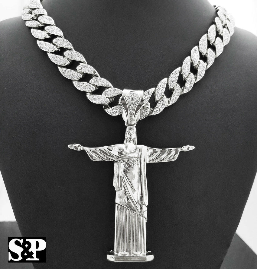 Jesus Body Pendant & 18" Full Iced Cuban Choker Chain Hip Hop Necklace Combo Set