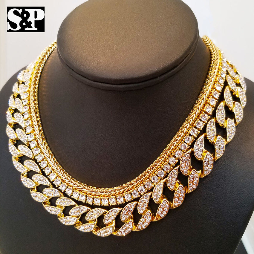 Hip Hop Quavo Choker 18" Franco & 16" Full Iced Cuban & 1 ROW DIAMOND CHAIN SET