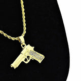 Hip Hop Iced Out Gold Plated CZ Beretta Gun Pendant w/ 24" Rope Chain Necklace