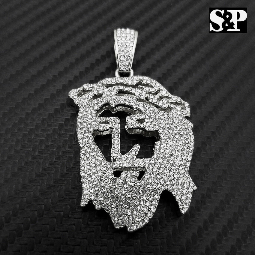 HIP HOP ICED OUT RAPPER STYLE LAB DIAMOND SILVER PLATED 3D JESUS FACE PENDANT