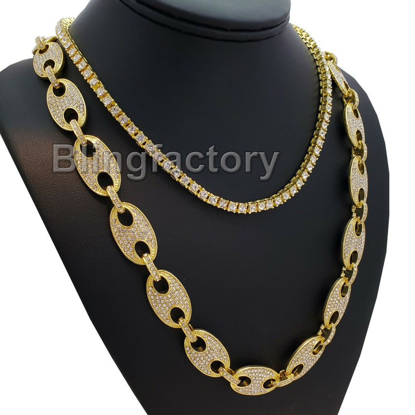 Hip Hop Iced out 30" Gucci Link Chain & 18" 1 Row Tennis Choker Chain Necklace Set