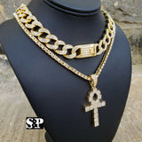 Hip Hop Ankh Cross Pendant & 18" Full Iced Cuban & 1 ROW Tennis Choker Chain Necklace Set
