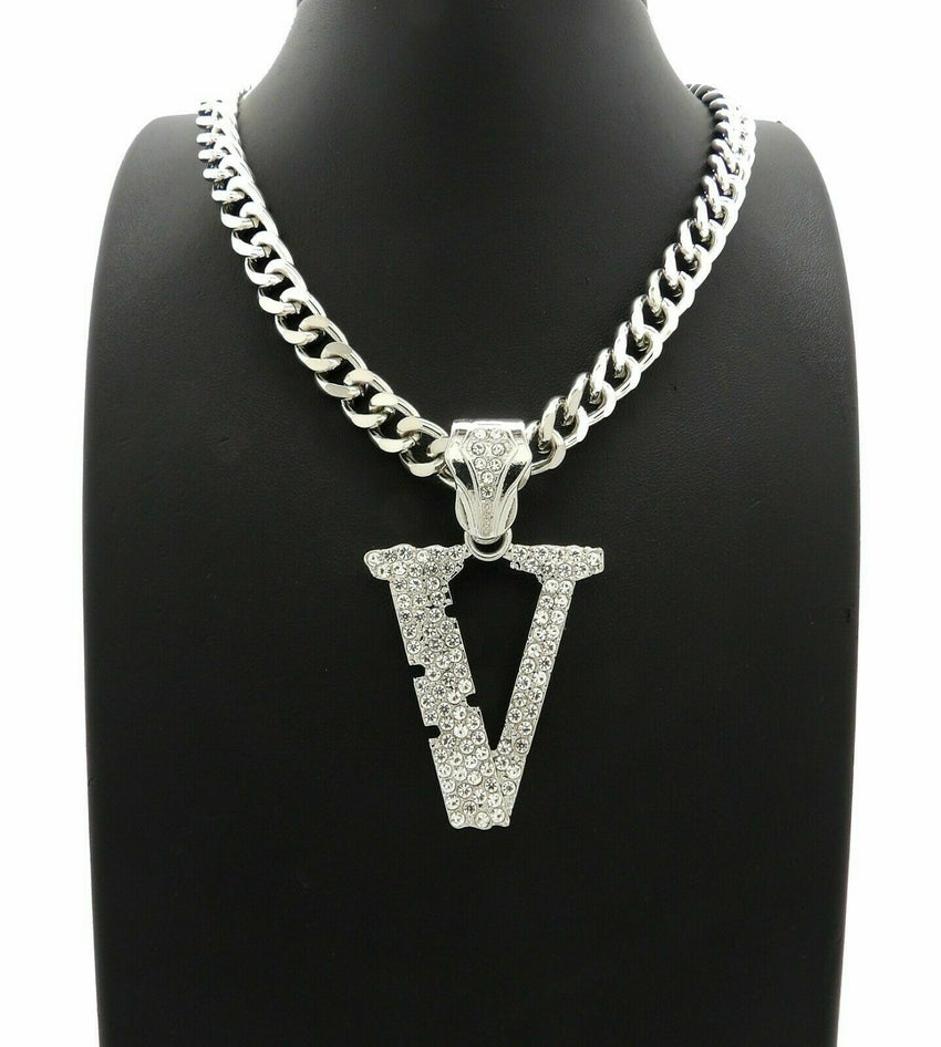 HIP HOP ICED OUT RAPPER'S LIL UZI VERT V PENDANT & 10mm 20" CUBAN CHOKER CHAIN NECKLACE