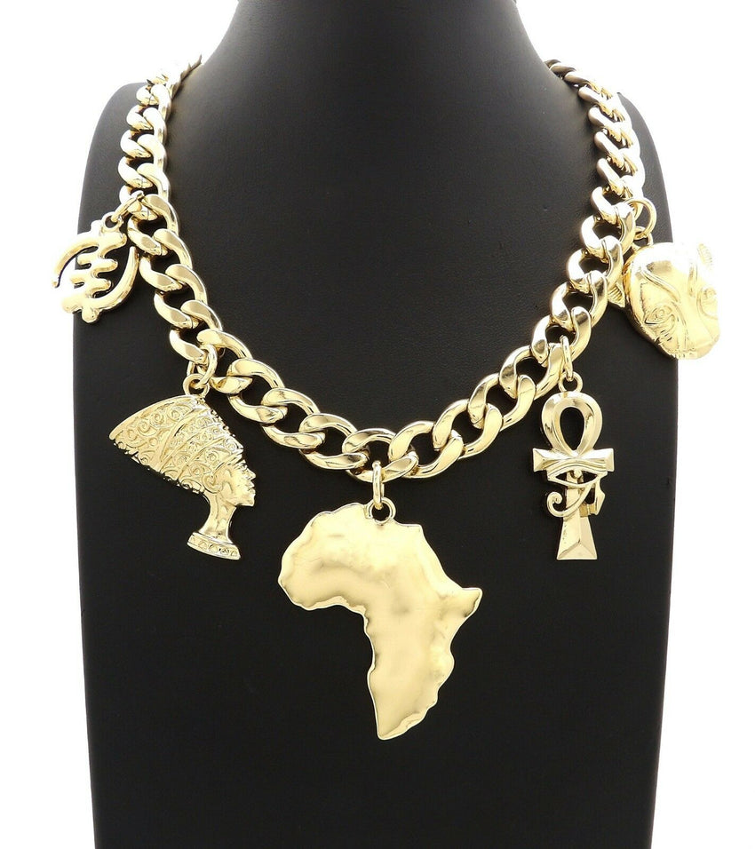 PYRAMID, NEFERTITI, ANKH, AFRICA, GYE NYAM, SEKHMET & 11mm 18" Cuban Link Chain