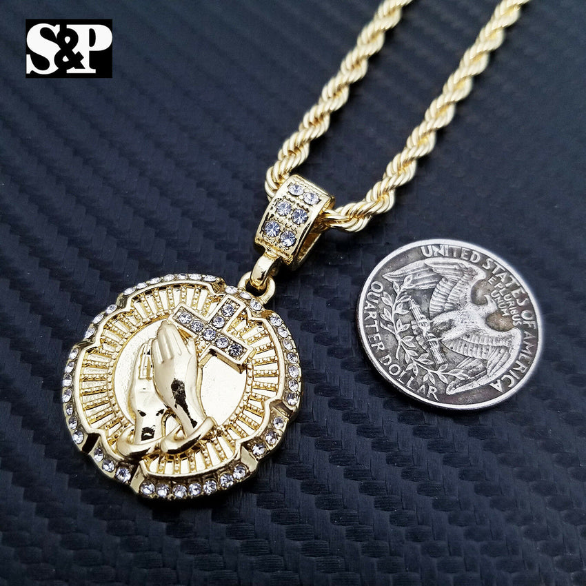 Hip Hop Iced Out 2 Praying Hand w/ Cross Pendant & 4mm 24" Rope Chain Necklace