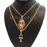 Iced Out Saw Inspired & Ankh Cross Pendant & 20" 24" Rope, Cuban Chain Necklace