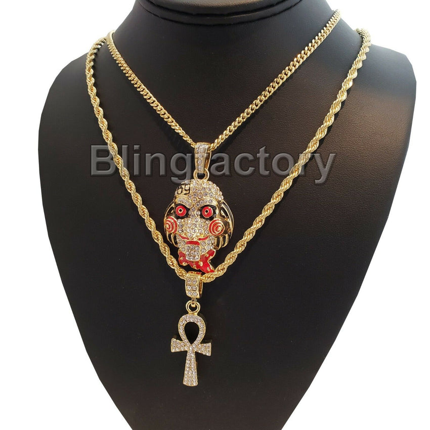 Iced Out Saw Inspired & Ankh Cross Pendant & 20" 24" Rope, Cuban Chain Necklace