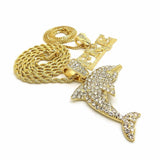 Hip Hop Iced Out Dolphin, PRE Pendant & 24" Box, 4mm 30" Rope Chain Necklace Set