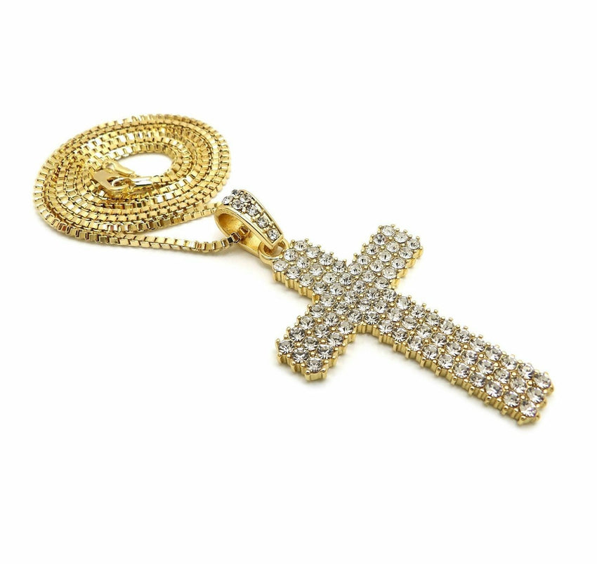 Hip Hop Full Iced Shiny Cross Pendant & 24" Box, Cuban, Rope Chain Necklace