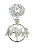 HIP HOP ICED OUT WHITE GOLD PLATED NWA PENDANT & 4mm 24" ROPE CHAIN NECKLACE
