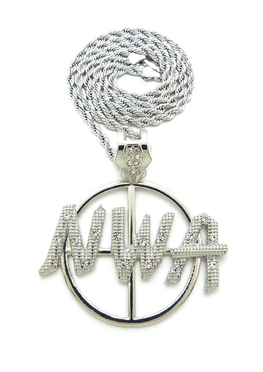 HIP HOP ICED OUT WHITE GOLD PLATED NWA PENDANT & 4mm 24" ROPE CHAIN NECKLACE
