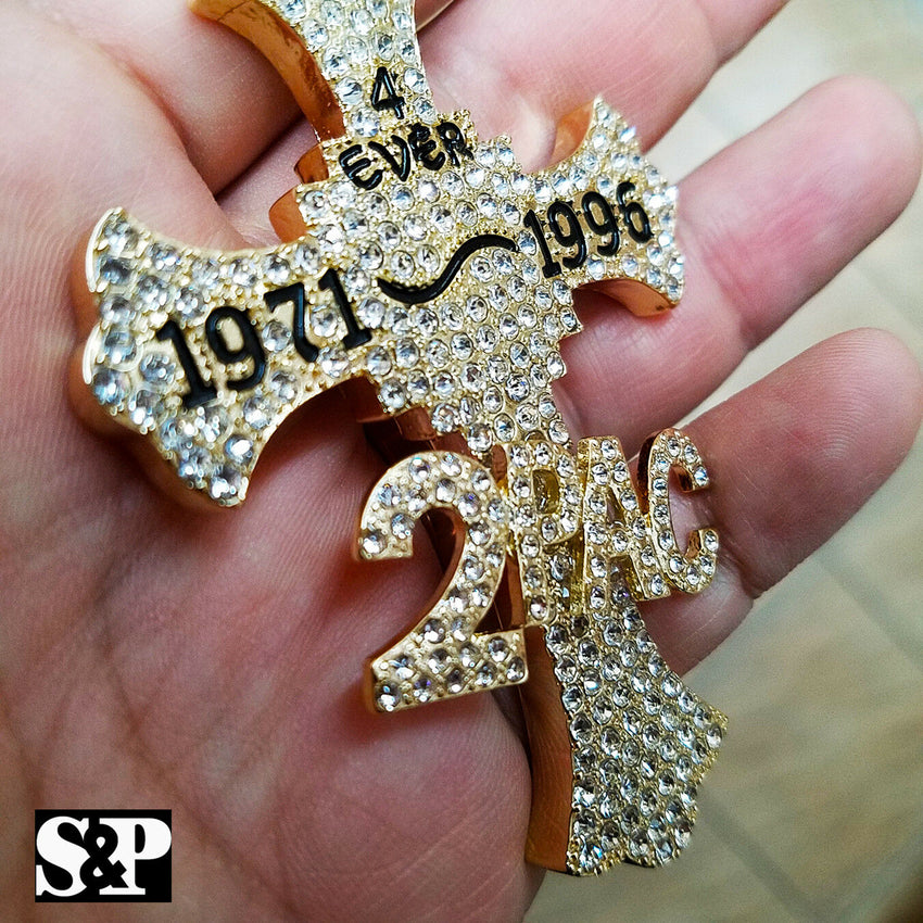 HIP HOP FULL ICED OUT GOLD PLATED RAPPER 2PAC CROSS LARGE PENDANT