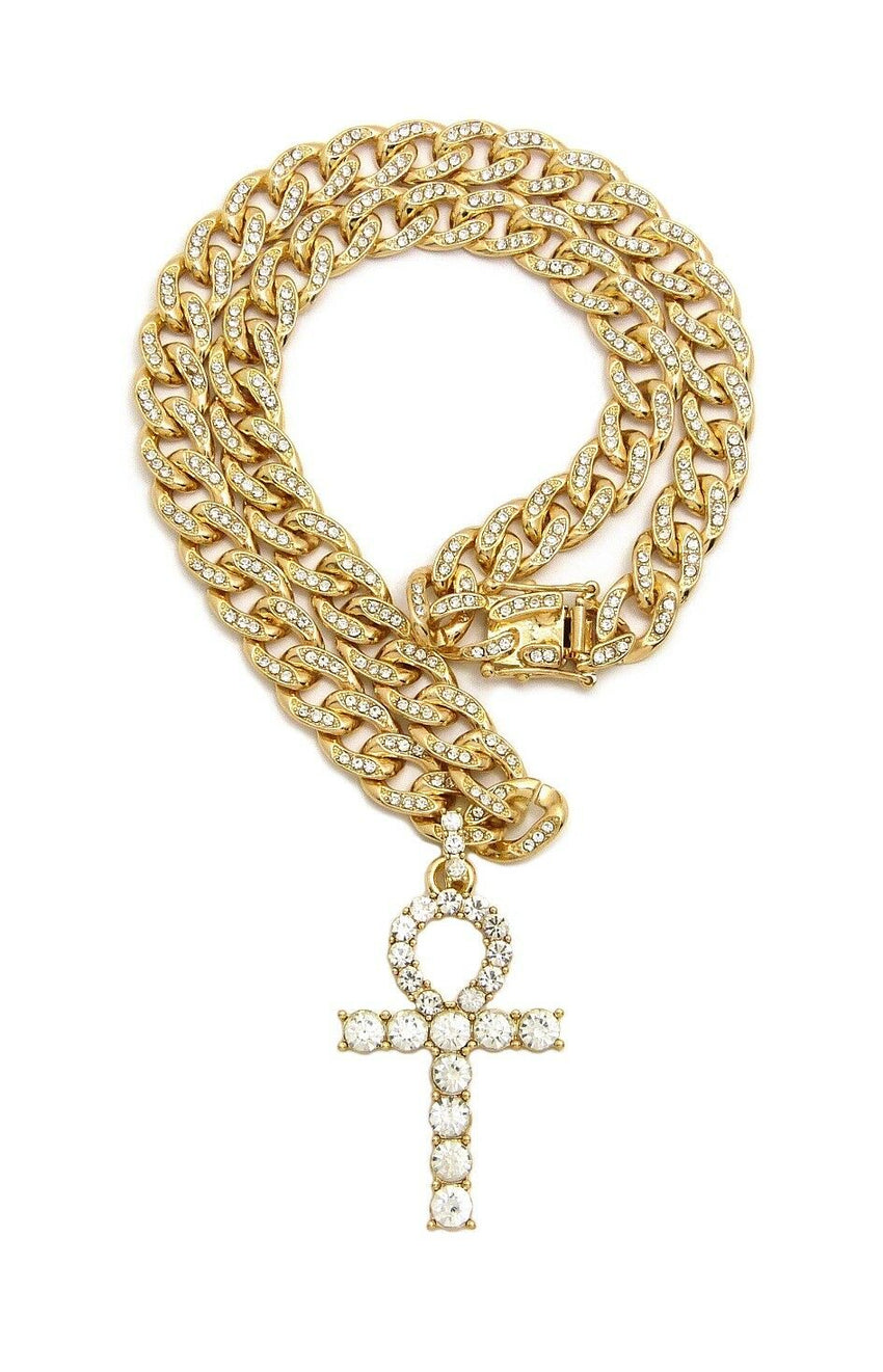 Iced out Ankh Cross Pendant & 18" 20" 22" 24" CZ Cuban Choker Chain Necklace