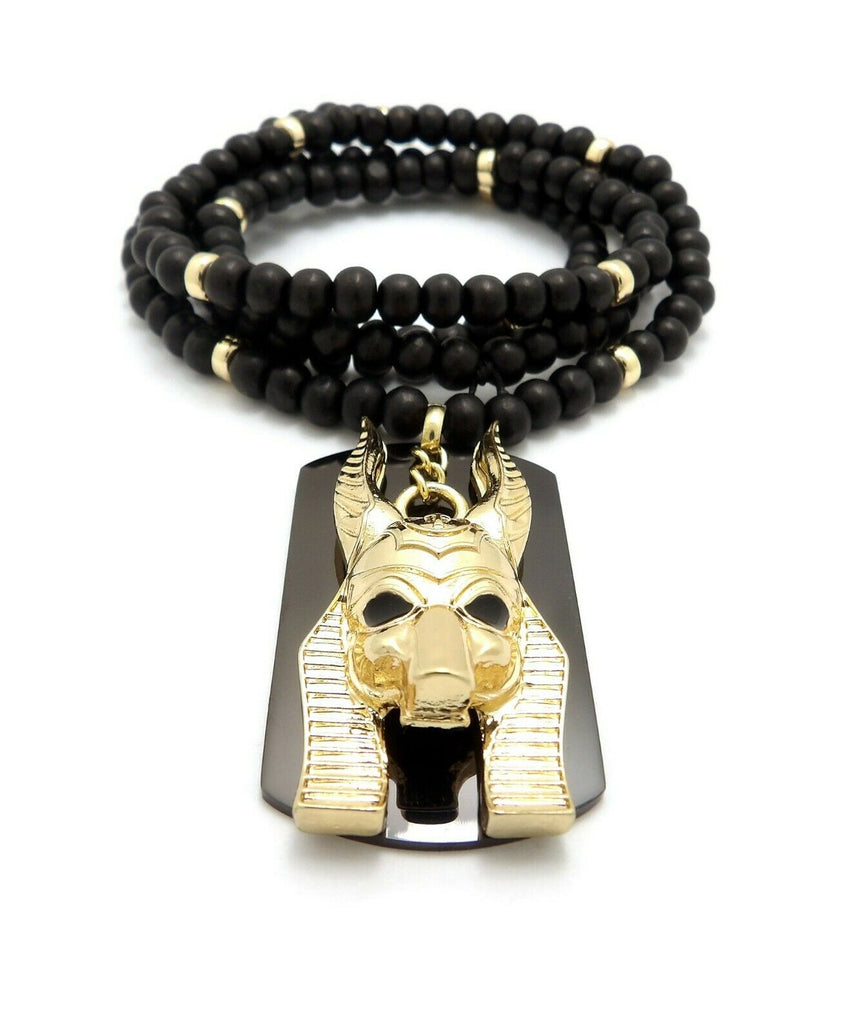 Hip Hop Egyptian Gold Anubis & Dog Tag Pendant & 6mm 30" Wooden Bead Necklace